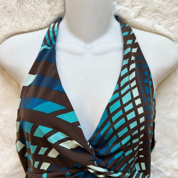 BCBG MaxAzria Halter Top Blue Geometric Print Top - Picture 2 of 6